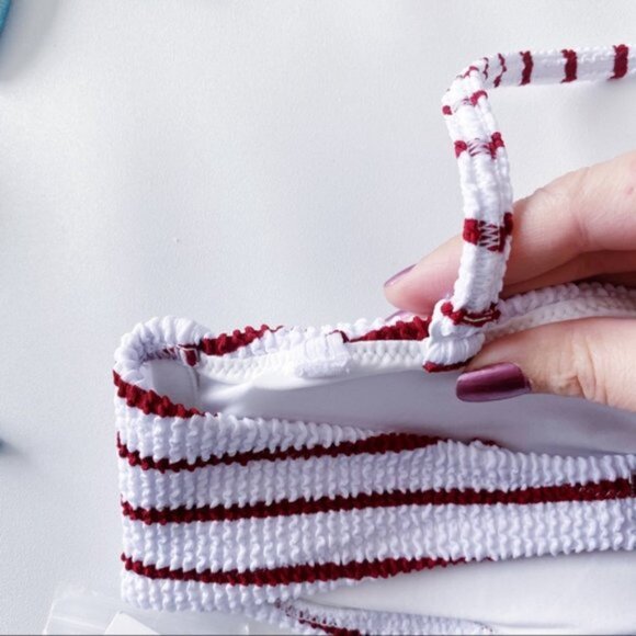 J. Crew | Scrunchie Ring Bandeau Bikini Top Stripe White Racing Red Textured New - Picture 10 of 15